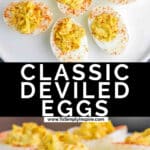 Several deviled eggs garnished with paprika arranged on a white plate.