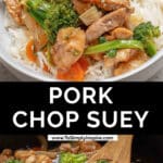 A medium sized white bowl of pork chop suey with two chopsticks picking up a bite.