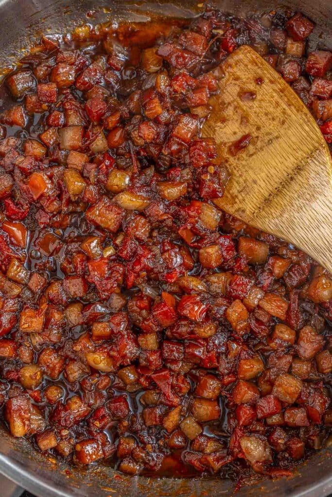 A close up of the tomato mix after all ingredients mixed together and sautéed.