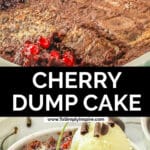 A spoonful of cherry dump cake being held above a baking dish filled with the same dessert.