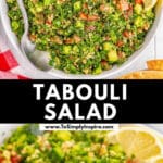 A white bowl of tabouli salad garnished with lemon slices and mint leaves on a white table and a spoon rests inside the bowl.