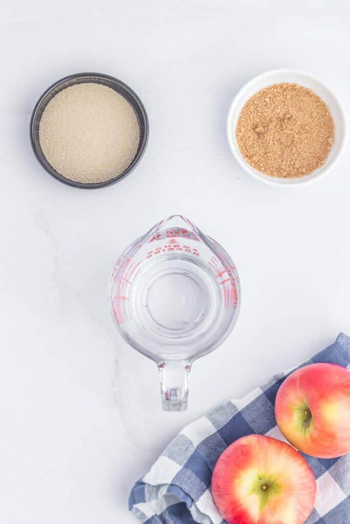 A cup of brown sugar and yeast next to a measuring cup full of water next to 2 apples on a white and blue checkered towel.