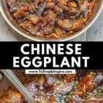 A skillet filled with cooked chinese eggplant slices in a savory sauce, garnished with sesame seeds and chopped green onions.