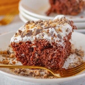Close-up of a chocolate caramel cake slice on a white plate, topped with cool whip and crushed heath bar bits, with a fork on the side.