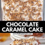 Close-up of a chocolate caramel cake slice on a white plate, topped with cool whip and crushed heath bar bits, with a fork on the side.