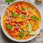 Mango salad with sliced red peppers, fresh mint, lime wedges, and roasted peanuts in a large white bowl.