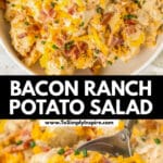 A white bowl of ranch potato salad topped with shredded cheese, crispy bacon bits, and chopped chives.