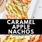 A rectangular white platter holds alternating slices of red and green apples topped with drizzle of caramel and sprinkled with chocolate chips.