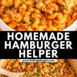 A fork is lifting a portion of homemade hamburger helper from a white bowl, garnished with fresh herbs.
