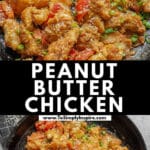 A black skillet containing a peanut butter chicken, red bell peppers, and green onions, garnished with sesame seeds.