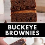 Three stacked chocolate placed on a counter, with additional brownies in the background.