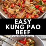 A stainless steel pan containing kung pao beef with sauce poured over top.