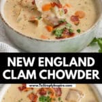 A bowl of new england clam chowder, garnished with chopped parsley and bacon bits.