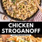 A cast iron skillet filled chicken stroganoff garnished with chopped herbs while a wooden spoon rests off to the side.