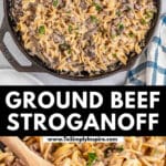 A skillet filled with creamy ground beef stroganoff garnished with chopped parsley is set on a table.