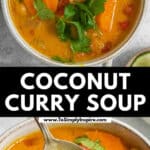 A white bowl of vibrant coconut curry soup garnished with cilantro.