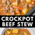A bowl of beef stew containing chunks of beef, potatoes, carrots, peas, and a beef spoon on a white surface with a spoon inserted.