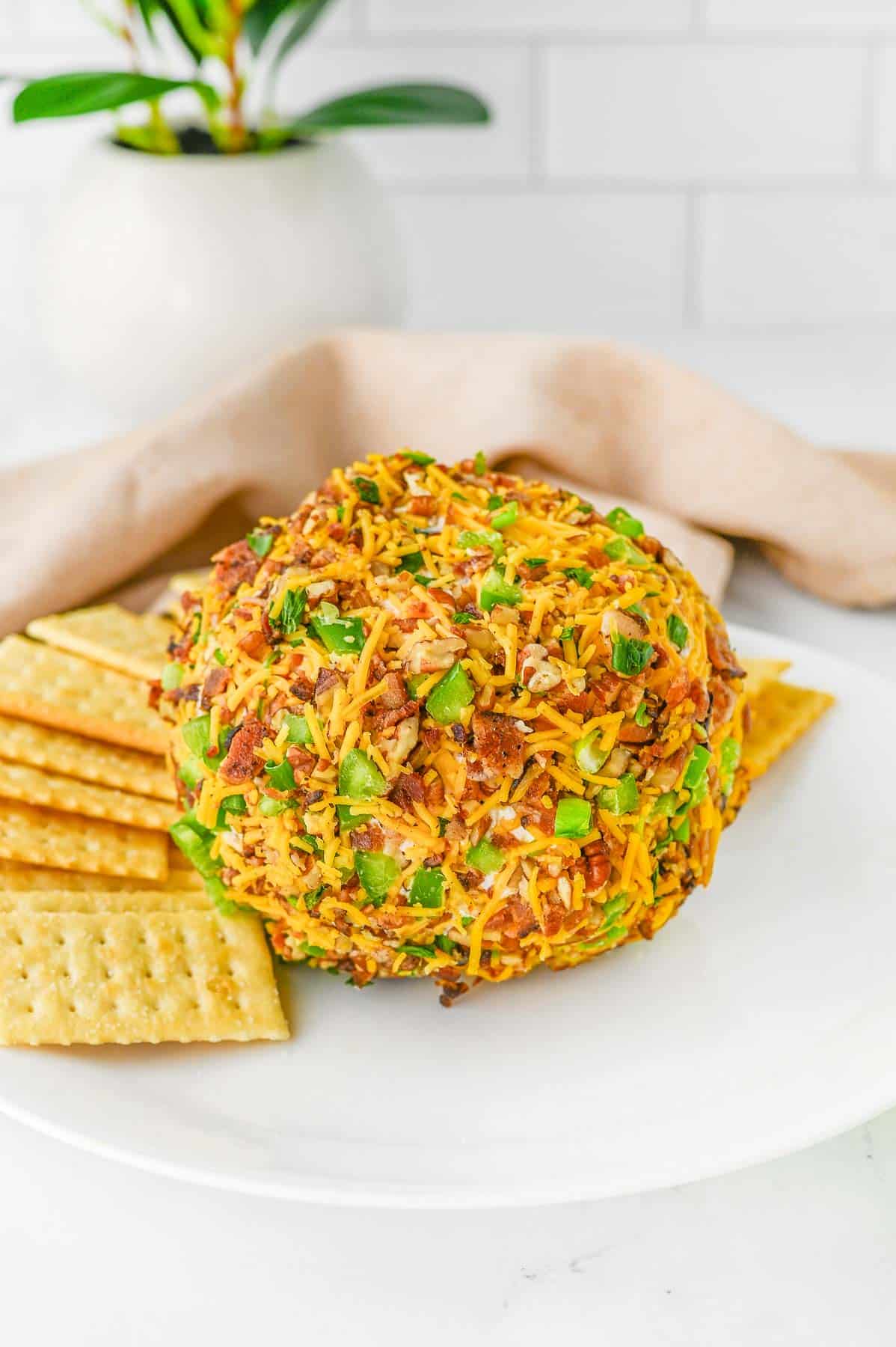 A jalapeño cheese ball covered with chopped green onions, shredded cheese, crumbled bacon and chopped pecans, surrounded by crackers on a white plate. A plant and light brown napkin are in the background.