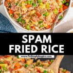 A white bowl of spam fried rice with a silver spoon on the side.