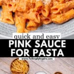 A plate of penne pasta in a creamy italian pink sauce with grated cheese and a basil leaf.