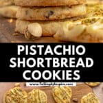 Stack of pistachio shortbread cookies with a bite taken out of the top one.