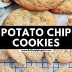 A stack of potato chip cookies is placed next to a glass of milk on a wooden countertop with butterscotch chips around.