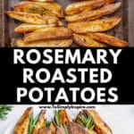 A white plate of rosemary roasted potatoes garnished with fresh rosemary sprigs on a marble surface.