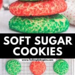 A stack of four soft sugar cookies, two red and two green.