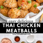 A bowl of thai chicken meatballs garnished with green onions and sesame seeds with chopsticks laying beside.