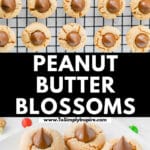 Plate of seven peanut butter blossom cookies with chocolate drops on top, surrounded by a glass of milk and festive decorations.