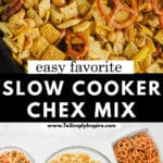 A bowl of Chex mix includes pretzels, nuts, and cereal squares. Ingredients are shown separately: pretzels, nuts, cereal, butter, and seasoning. Text overlay reads "Slow Cooker Chex Mix.