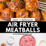 A plate of air fryer meatballs drizzled with sauce, garnished with fresh parsley.