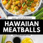 A bowl of rice topped with hawaiian meatballs, diced yellow and red bell peppers, green onions, and pineapple chunks on a checkered cloth.