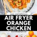A bowl of air fryer orange chicken overtop of white rice garnished with sesame seeds and green onions.