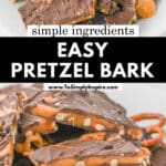Chocolate-covered pretzel bark stacked on a plate, topped with caramel drizzle and pretzel pieces.