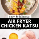 A plate of white rice topped with air fryer chicken, drizzled with katsu sauce, garnished with sesame seeds and chopped green onions.