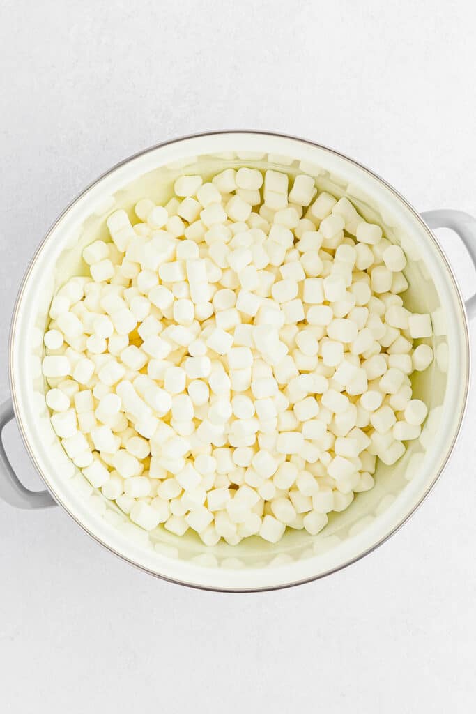 A large pot filled with mini marshmallows.