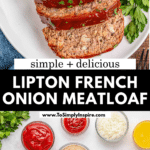 A glazed lipton french onion meatloaf partially sliced on a white platter, garnished with parsley.