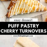 Cherry turnovers with icing on a cooling rack, surrounded by ingredients like cherries, an egg, and puff pastry sheets. Text reads "Easy Dessert: Puff Pastry Cherry Turnovers.