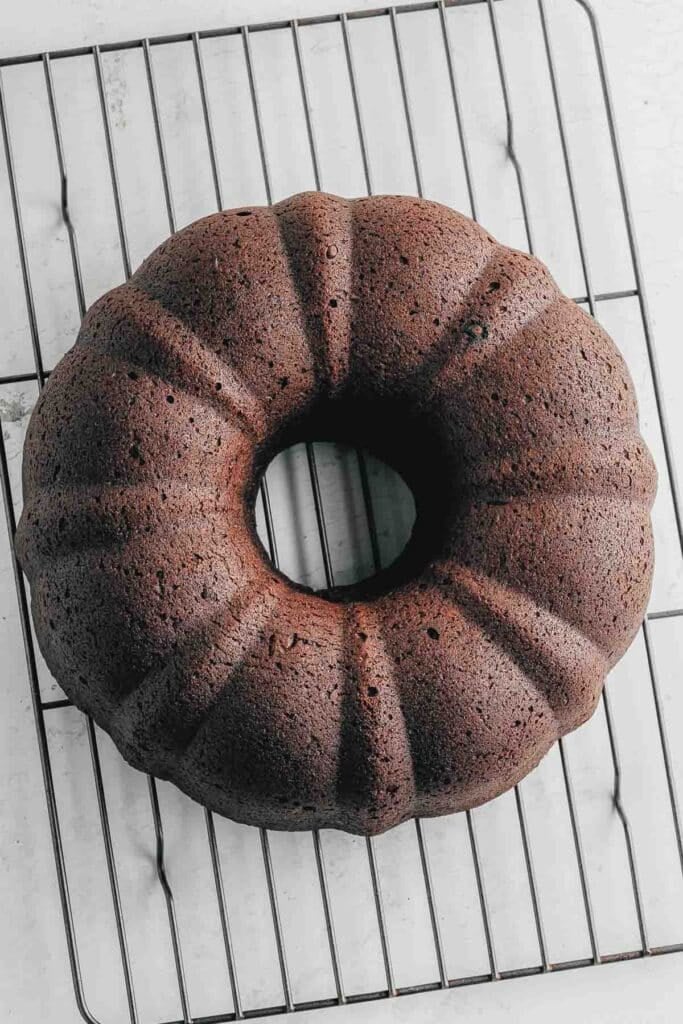 A chocolate cake on a cooling rack, viewed from above.