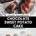 Chocolate Sweet Potato Cake with a chocolate frosting, partially sliced, placed on a parchment-lined plate.