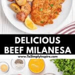 A plate with Milanesa steak, roasted potatoes, pico, and lemon wedges.