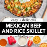 A skillet of mexican beef and rice topped with avocado, sour cream, and cilantro.
