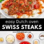 Plate with Swiss steaks, served on mashed potatoes, alongside green peas with a fork is placed on the plate's edge.