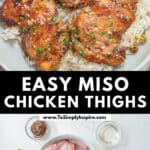 Cooked miso chicken thighs over white rice topped with sesame seeds and herbs in a skillet on a red and white checkered cloth.
