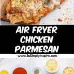 Chicken parmesan on a wooden board, topped with melted cheese and herbs.