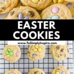 Cookies with colorful candy on top, displayed on a white plate and cooling rack, with the text "Easter Cookies" and website URL in the center.