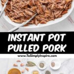 A white dish filled with instant pot pulled pork, with metal tongs placed on top.