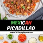 A white plate of mexican picadillo served over rice topped with cilantro with a silver spoon on the side.