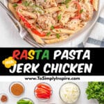 A white plate of rasta pasta with caribbean jerk chicken with a fork is resting on the plate.